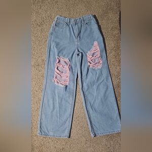 SHEIN Light Blue Straight Leg Jeans with Pink Distressed Patches